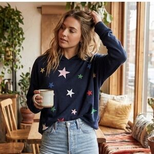SUNDRY Navy Blue Multi Star Print Pullover Hoodie Sweatshirt Size XL Soft